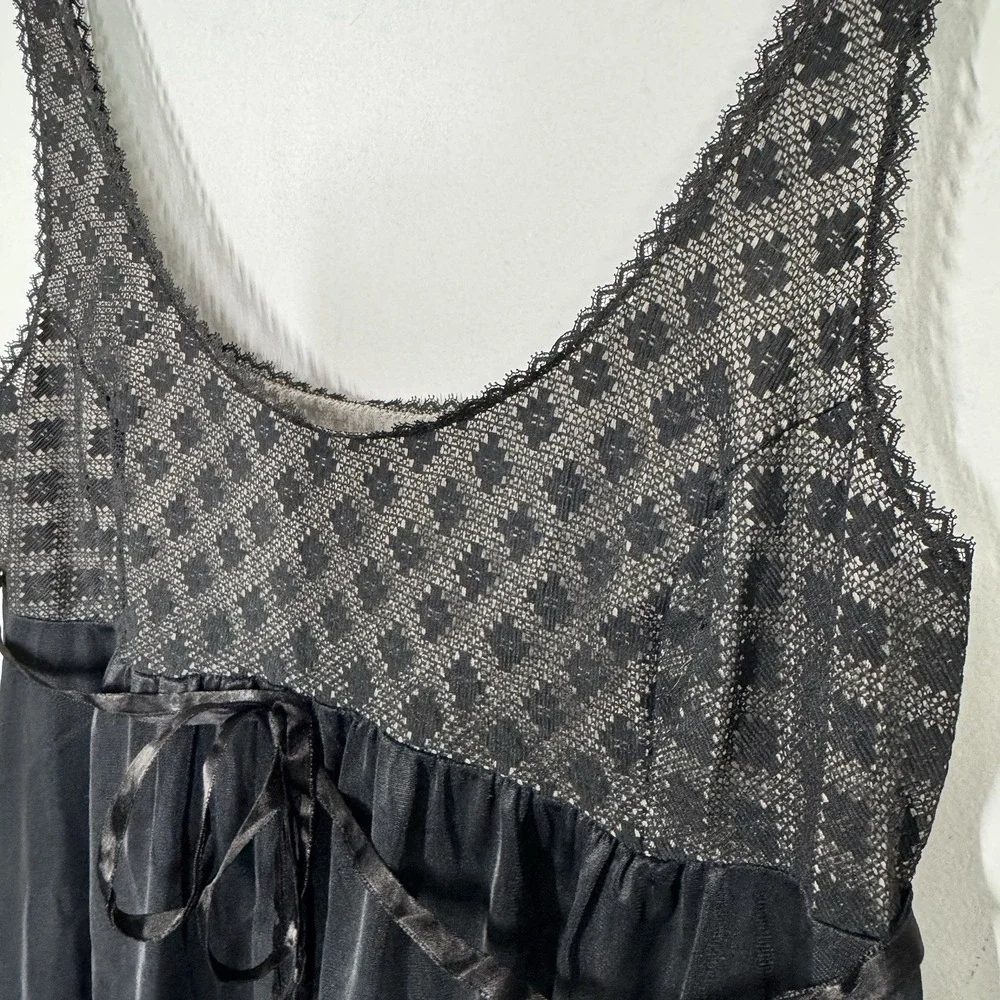 VTG 70s Formfit Rogers Black Maxi Slip Dress Negligee Peignoir Nightgown Lace‎ M